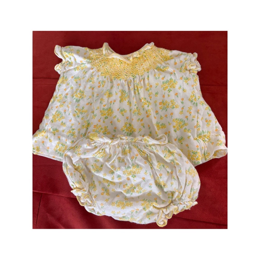 Vintage Carters Baby Girl Floral Smocked Top and Bloomer Set Yellow 3 Months